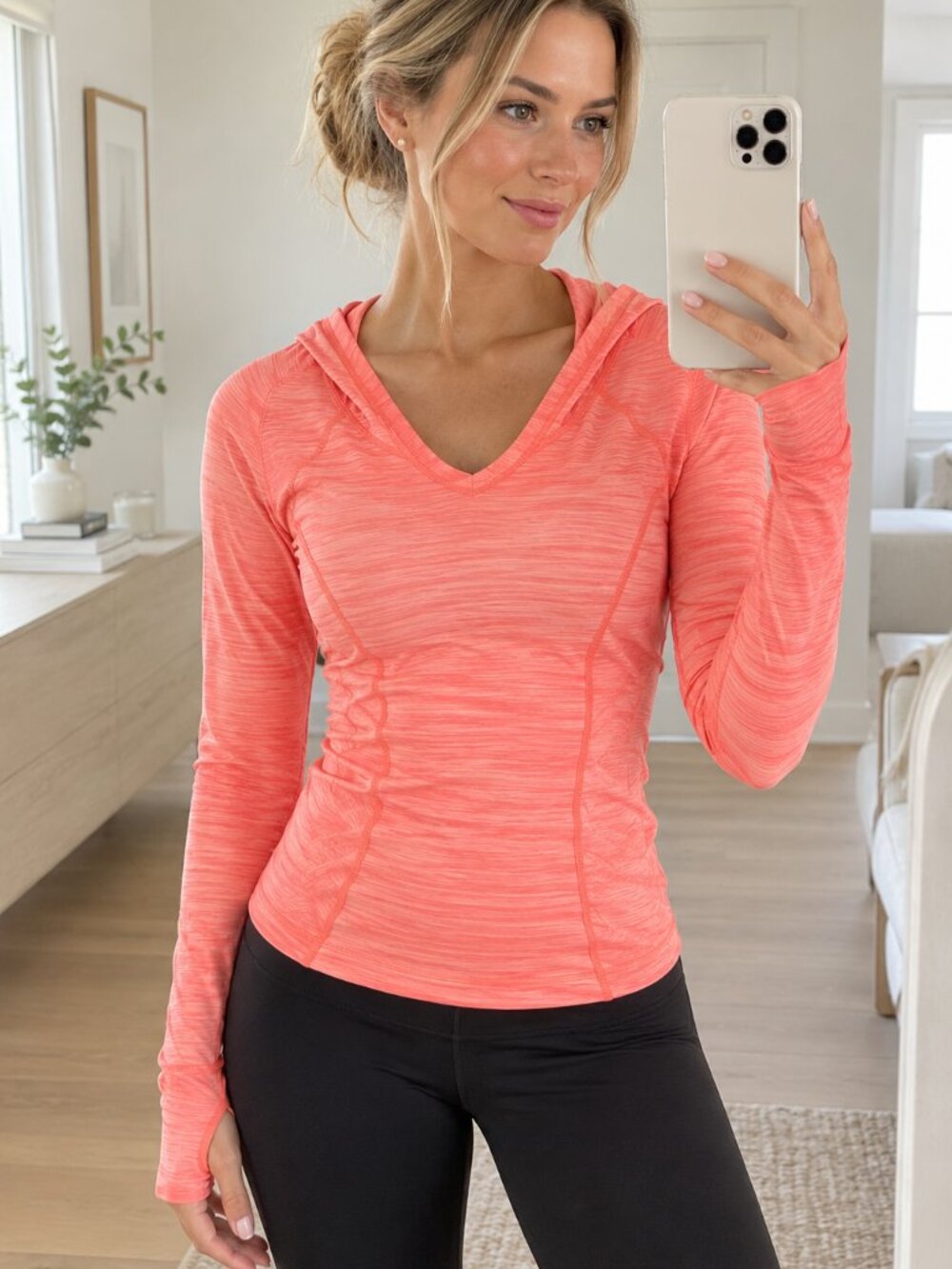 Coral Orange Hooded Workout Top Thumbhole Sleeves Long Sleeve Athletic Shirt